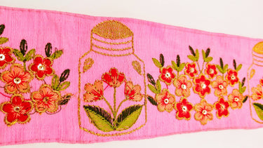 Pink Art Silk Trim With Floral Embroidery & Sequins, Red, Green And Gold Flower Embroidered Trim